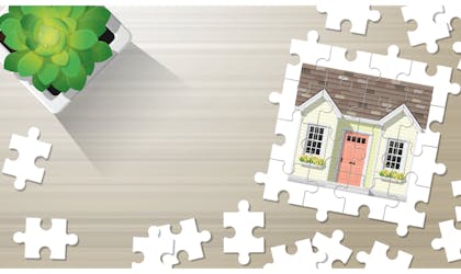 Dream house concept with puzzle house on wooden board background , vector , illustration
